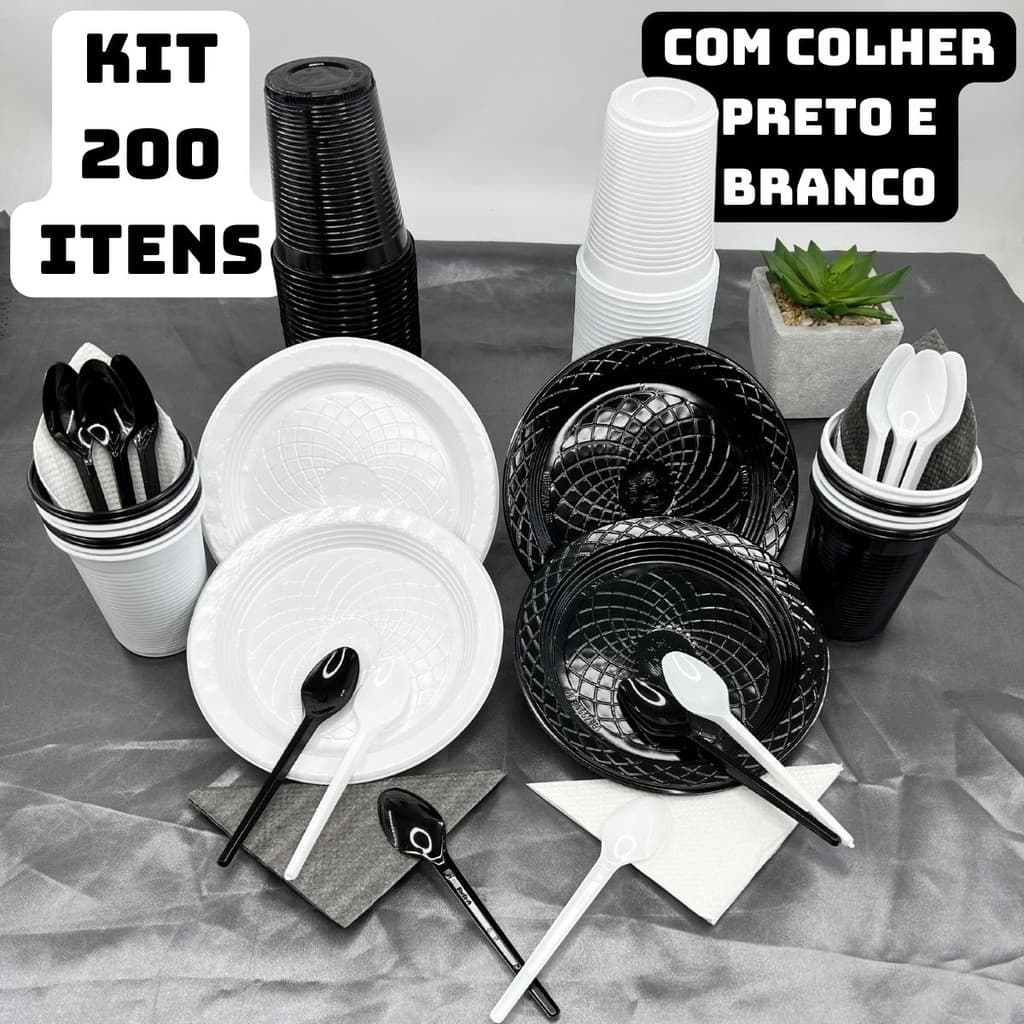 Kit 200 Itens Festa Aniversário Completo Preto Branco Descartável Pratinho Copo Colher Guardanapo Cor Time P/50 Pessoas