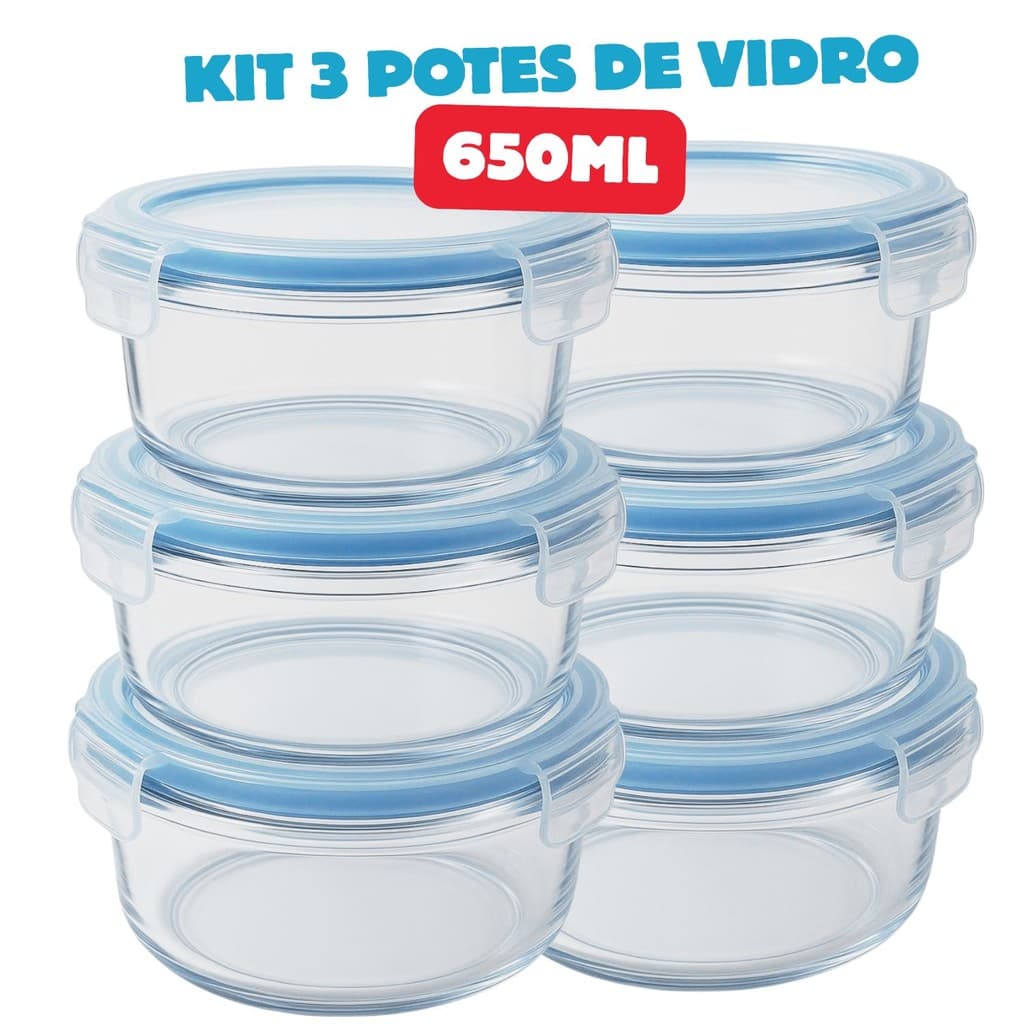 6X Pote de Vidro Redondo Hermético Marmita 650ml Tampa Silicone Vedação Antivazamento Forno Freezer Micro