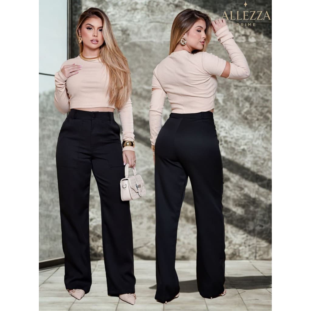 Calça Alfaiataria Feminina Pantalona Wide Leg – Cintura Alta com Bolsos | Casual e Elegante