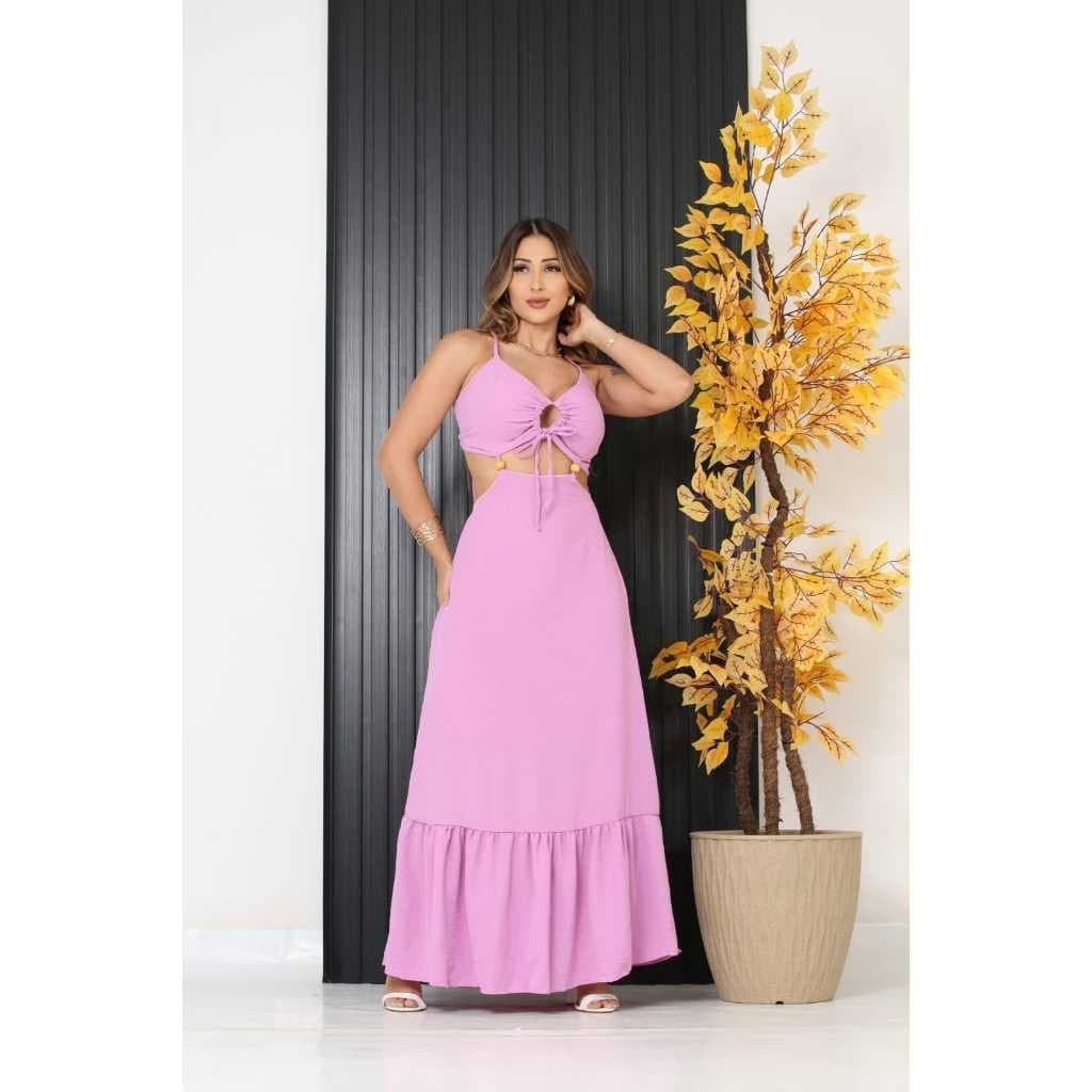 Vestido Longo Feminino Tecido Duna com Bojo, Forro e Amarração nas Costas