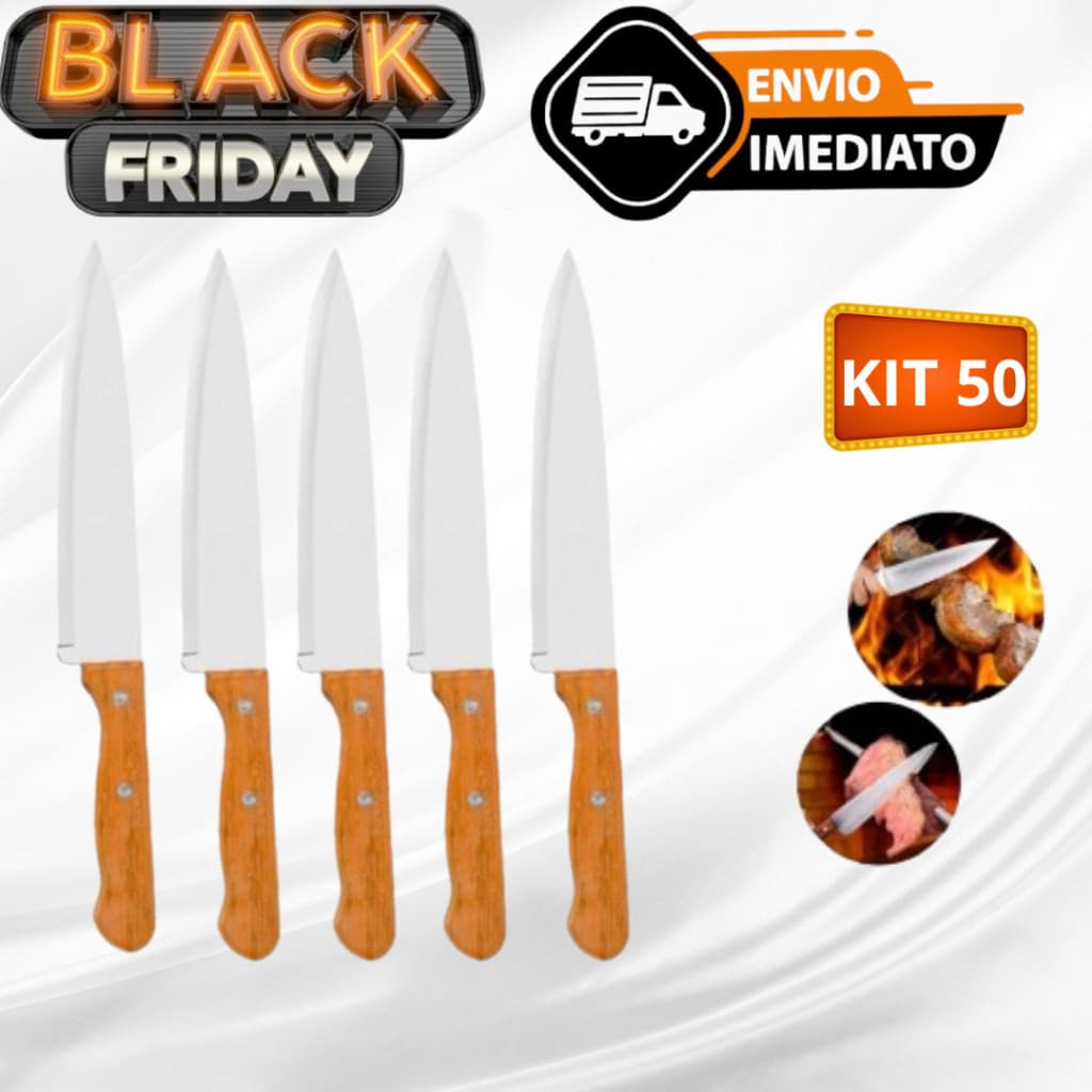 Kit 50 Faca De Cozinha Inox Profissional 7 Do Chef Cabo Madeira 30,1CM