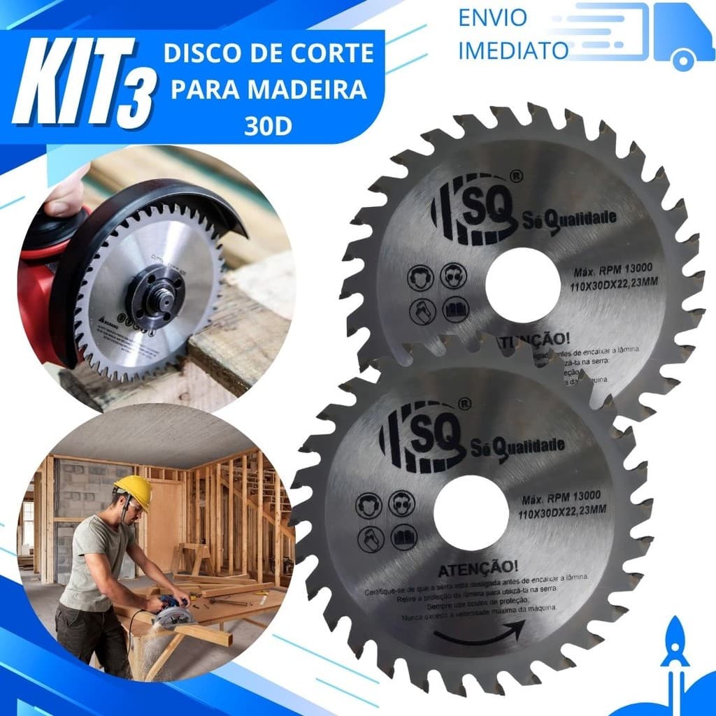 Jogo 3/2/1 Disco de Corte Widea 110x22,23MM 30 Dentes para Madeira para Serra Circular Esmerilhadeira