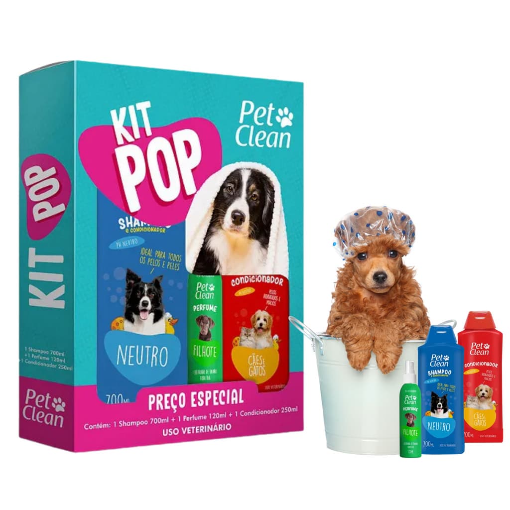 KIT BANHO COMPLETO SHAMPOO CONDICIONADOR PERFUME PET CLEAN HIDRATA HIGIENIZA CACHORRO GATO