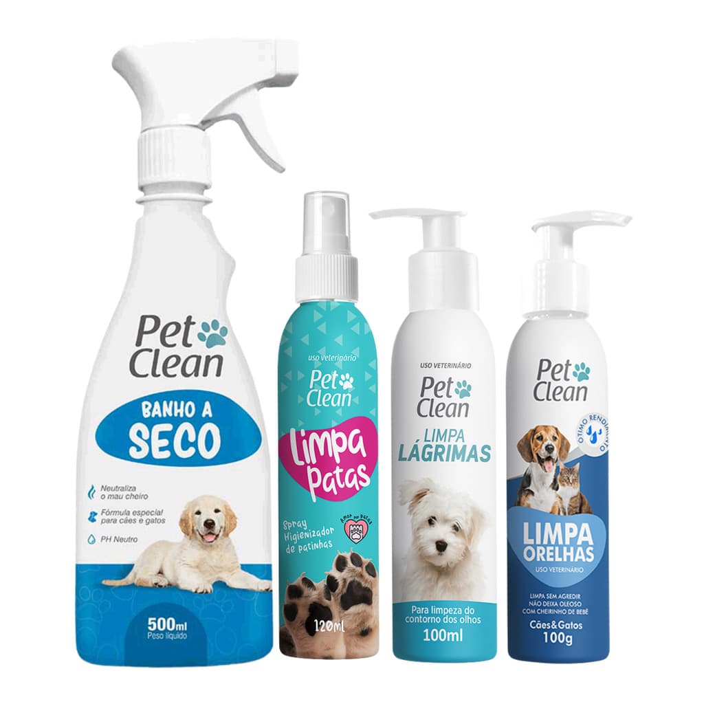 KIT BANHO A SECO 500 ML LIMPA PATAS LIMPA LAGRIMAS E LIMPA ORELHAS CACHORRO GATO PET CLEAN ECONOMICO