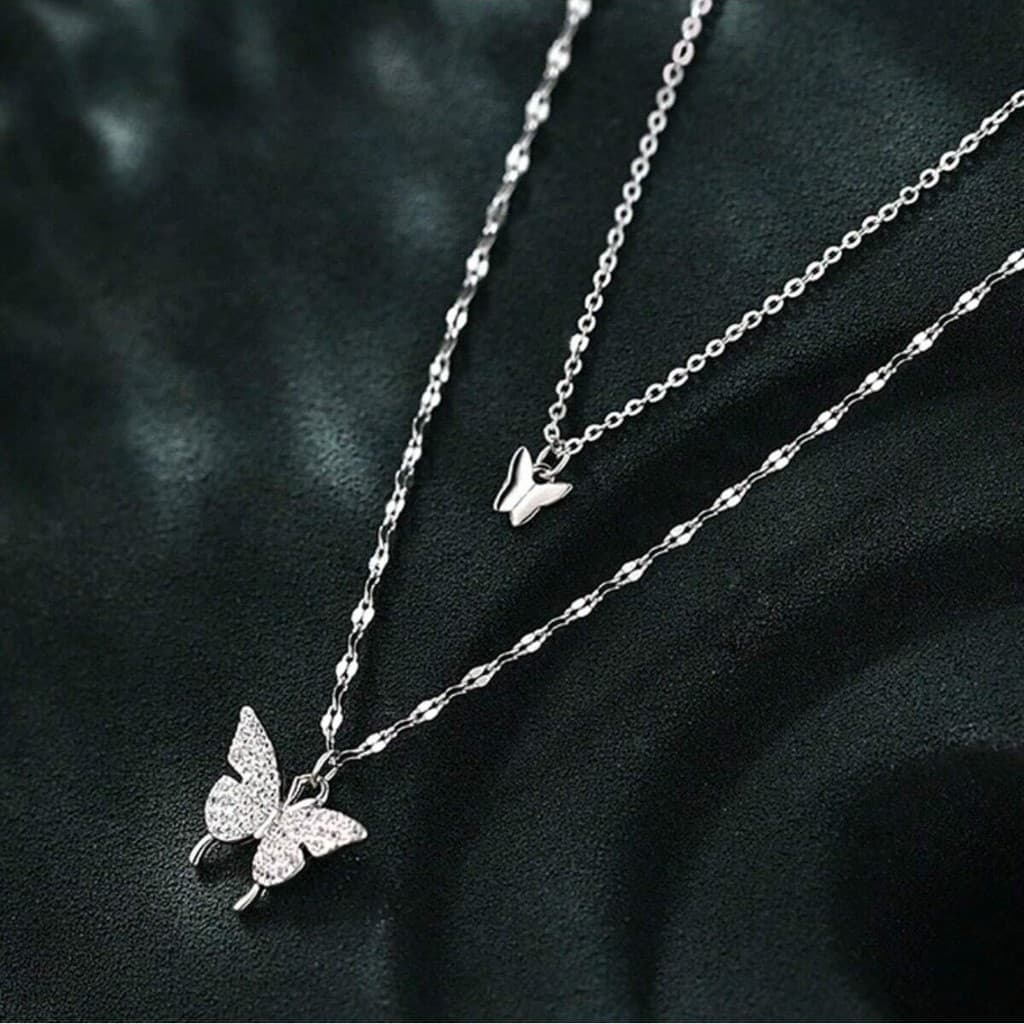 Colar de borboleta de camada dupla banhado a prata 925 elegante colar de corrente punk fashion para presentear