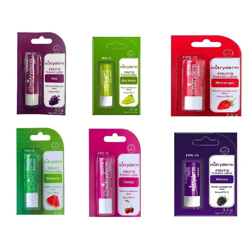 Kit com 3 protetor Labial Nutryderm 3,5g  Amora-FPS15-Ac Hialu-Chiclete-Uva-Uva Verde-Melancia-Morango-Cereja
