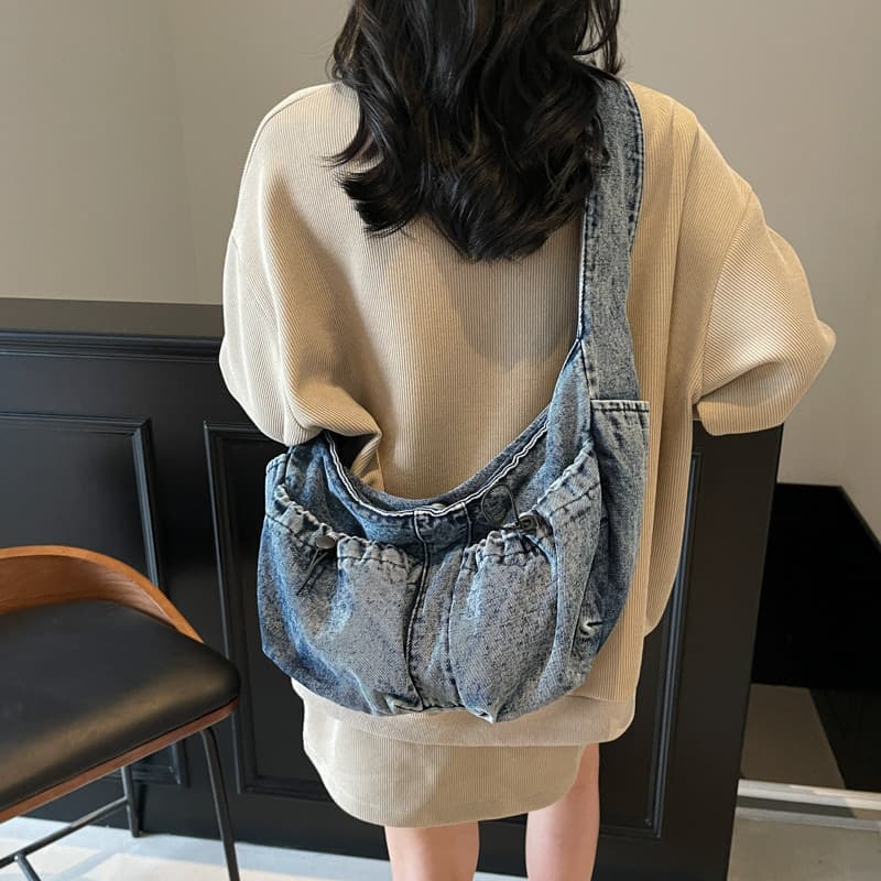 Denim Multi-bolso bolinho saco cordão zíper Commuter 2025 novo estilo All-Match Casual bolsa de ombro feminino saco de p