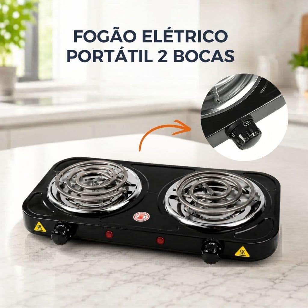 Fogão Elétrico Portátil 110v 220v Antiaderente Fogareiro 2 Bocas