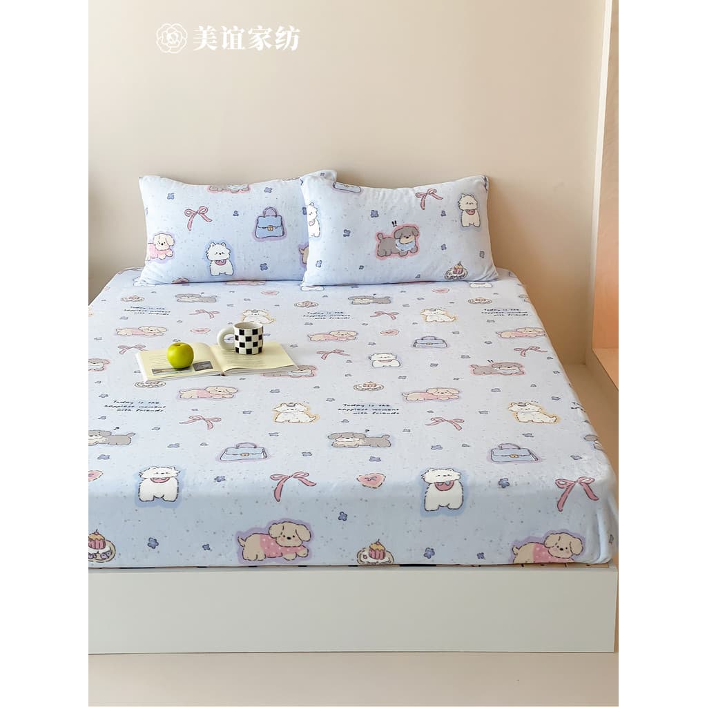 Ins estilo dos desenhos animados leite veludo folha de cama inverno engrossado quente único antiderrapante colchão capa
