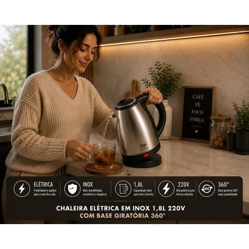 Chaleira Eletrica Inox Capacidade Grande 1,8 Litros Base Giratoria 220 Volts Rapida Segura