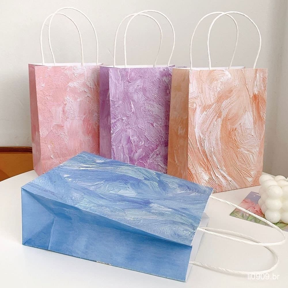 Novo produto pronto estoque estilo pintura a óleo portátil saco de papel Kraft saco de presente armazenamento de present
