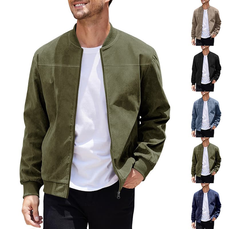 Jaqueta Esportiva Masculina de Suede Quente com Zíper e Gola Alta para Primavera e Outono