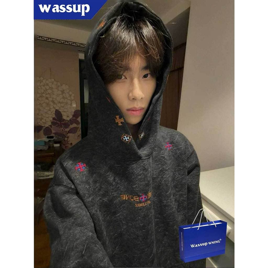 WASSUP National Street Wear Carta Bordado Forro de Lã Moletom Masculino Solto Juventude Casal Pesado W