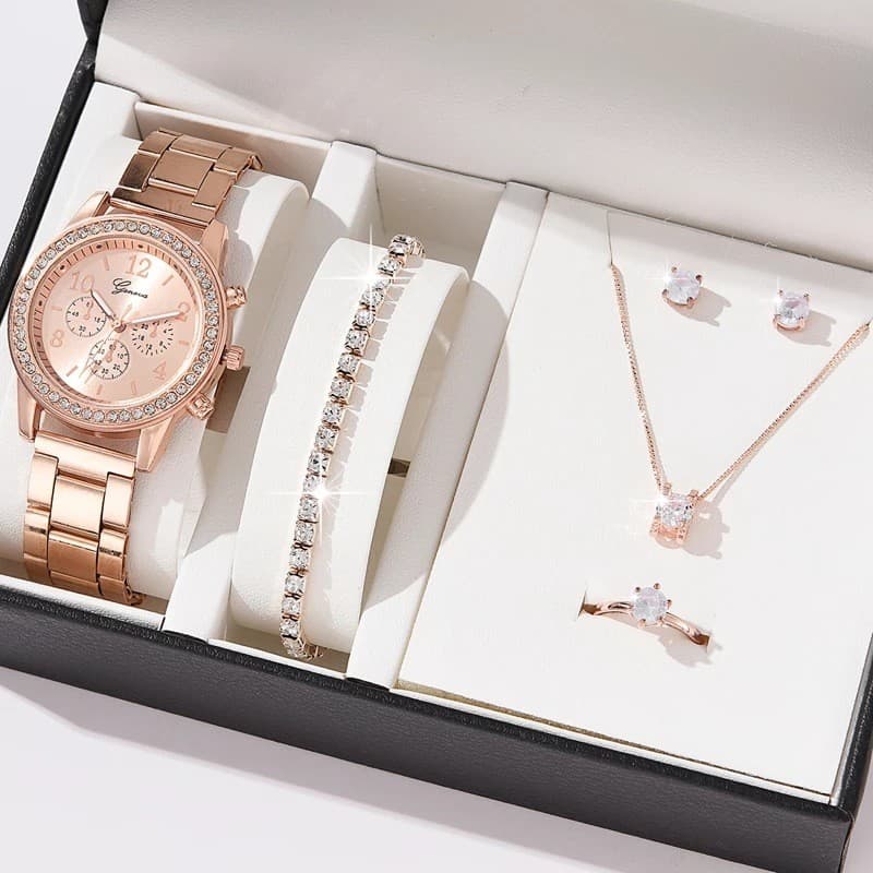 Conjunto de 5 peças de relógios femininos com pulseira de aço, conjunto de relógios de quartzo femininos casuais estilo