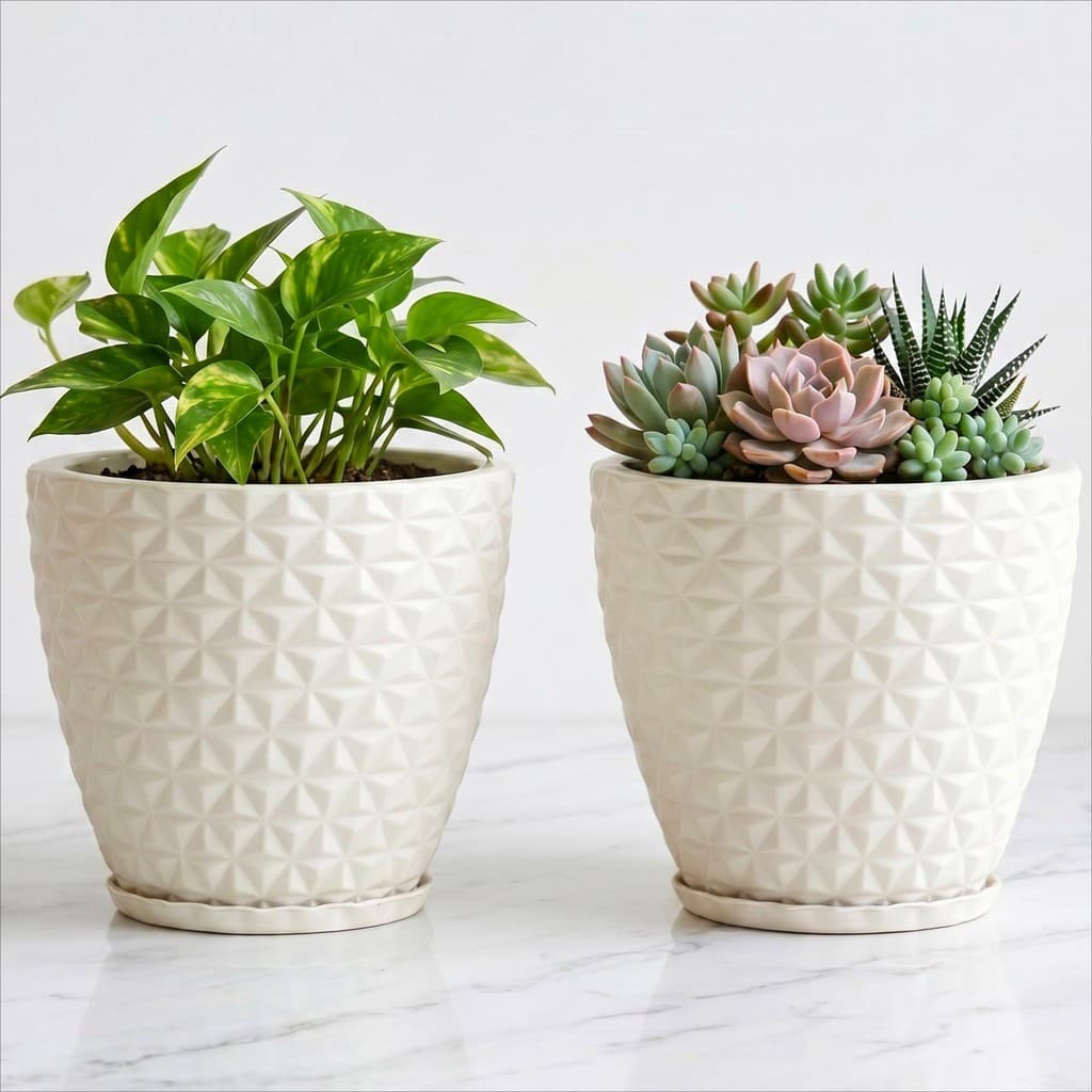 Kit 2 Vasos Diamante 20x23cm Para Plantas Decorativo Polietileno Com Prato