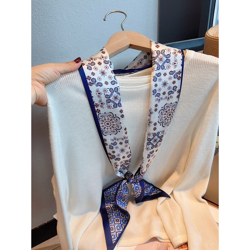 Retro costura chanfrada longo listrado lenço de seda dupla face Streamer feminino primavera verão estilo cintura-gravata
