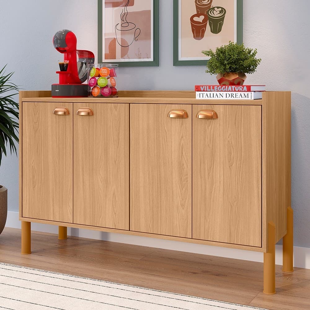 Aparador Buffet Chicago 4 Portas 2 Prateleiras Internas e Puxadores Concha pés pvc organizador café hall
