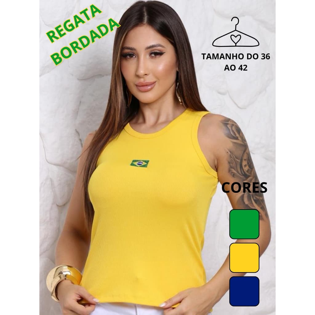Regatas do Brasil Feminina Ribana Canelada Bordada Bandeira Baby Look/Moda Casual  /Básico