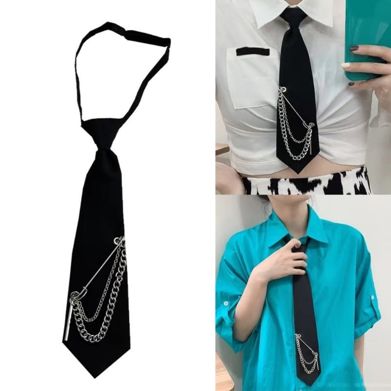 Estone Punk Long Chain Metal Pin Gravata Ajustável Pré Amarrado Estudante Camisa