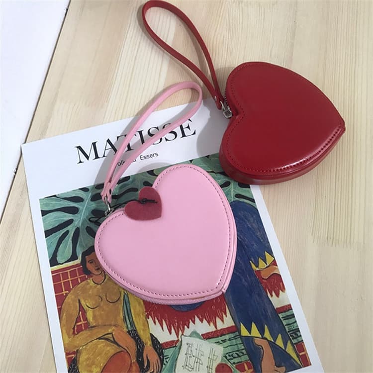 Bolsa de Mão Kawaii em Forma de Coração para Meninas, em Couro PU, com Zíper, para Cartões e Moedas