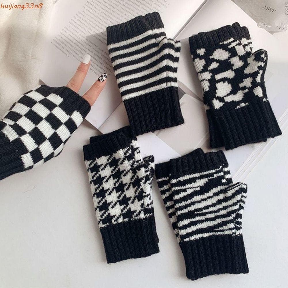 HUIJIANG Luvas Femininas Escrita Quente Houndstooth Xadrez Listra Adulto Estudante Meio Dedos