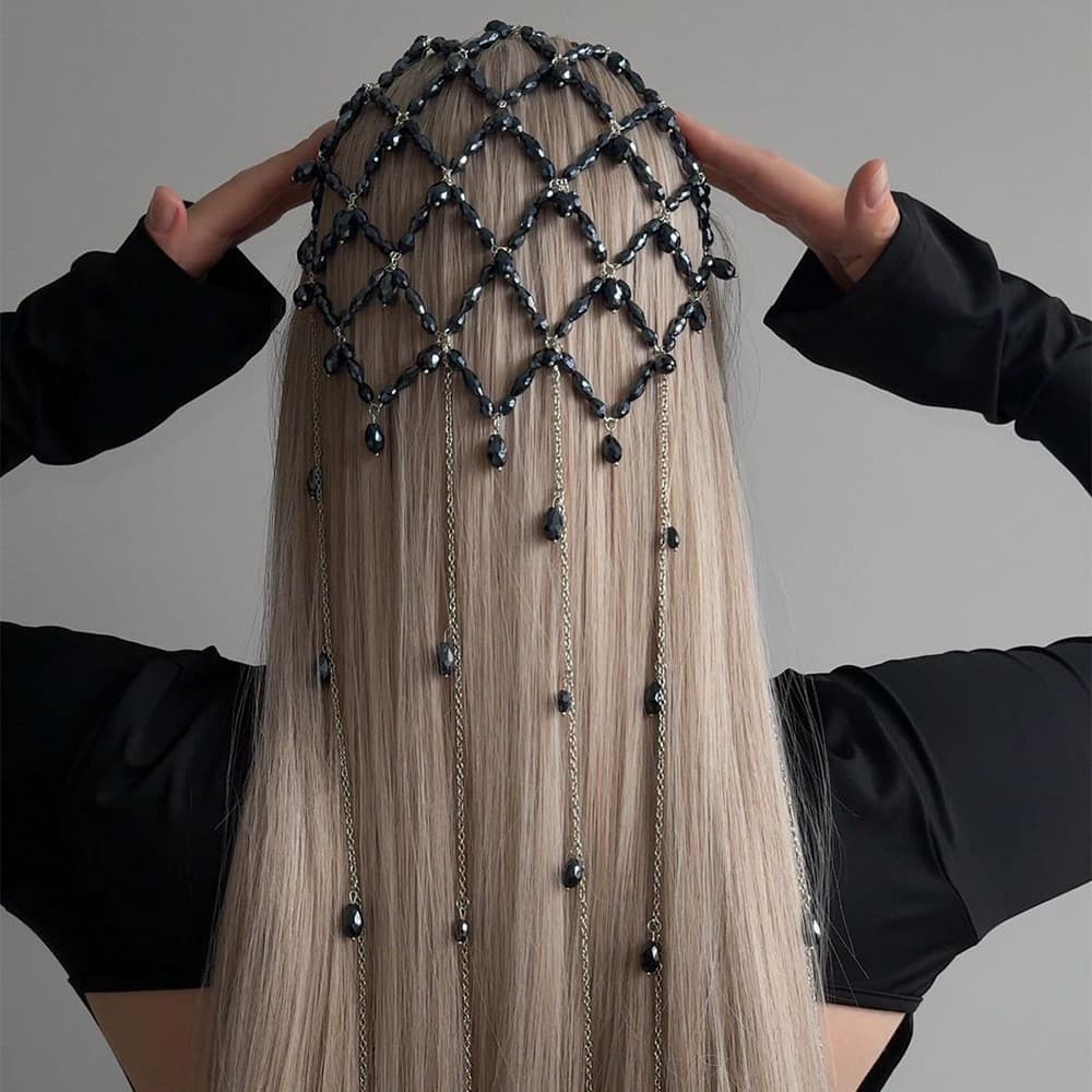 Faixa de cabeça de malha exclusiva, estilo fada, pérola, borla, acessórios para cabelo, corrente de cabelo