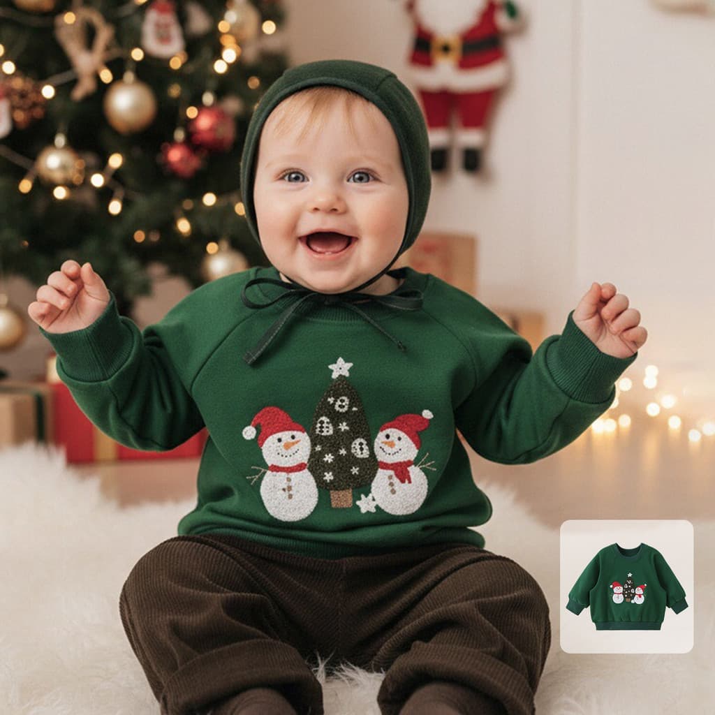 Bebê estilo natal moletom pequeno boneco de neve bordado estilo ocidental 2025 outono inverno novo estilo infantil manga