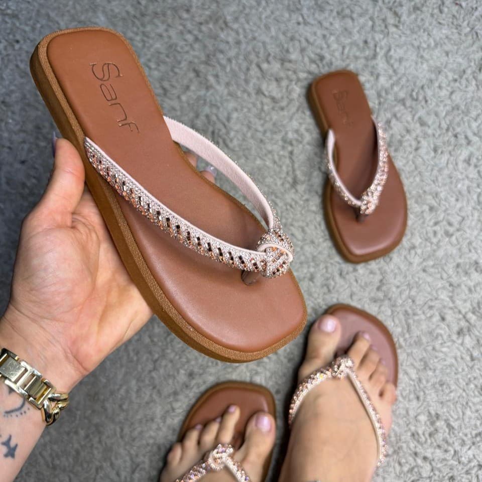 Chinelo Papete Sanf Feminina Strass Brilho Confortável Elegante Macia Leve Casual Pedraria Nó Unha