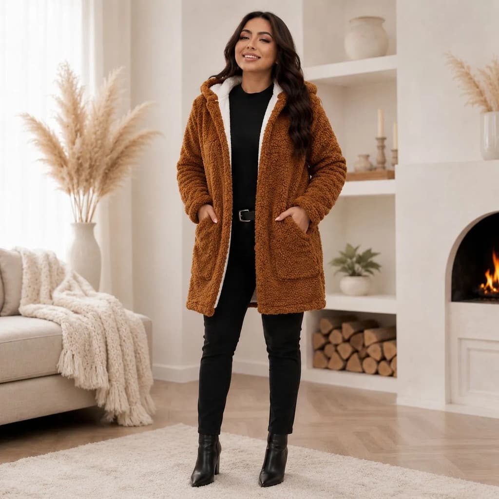 Casaco Feminino Sobretudo Teddy Bolso Capuz Inverno