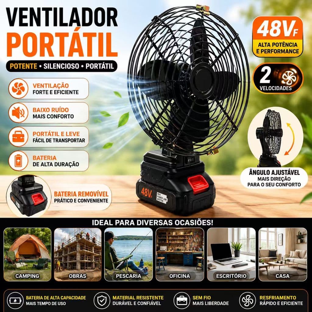 Ventilador Portátil Recarregável com Bateria Silencioso e Potente para Casa Escritório Viagem e Camping