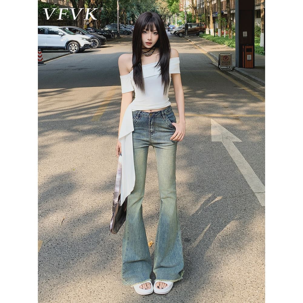 Vfvk Retro desgastado cintura alta ligeiramente queimado Jeans feminino 2026 verão novo estilo estiramento fino-ajuste q