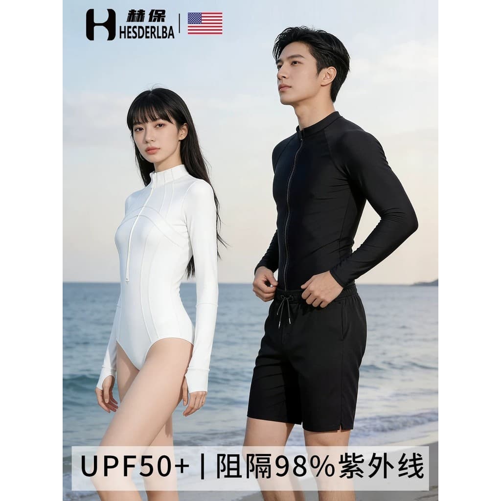 Maiô feminino 2026 novo High-End sentimento casal masculino de manga comprida protetor solar maiô de secagem rápida S