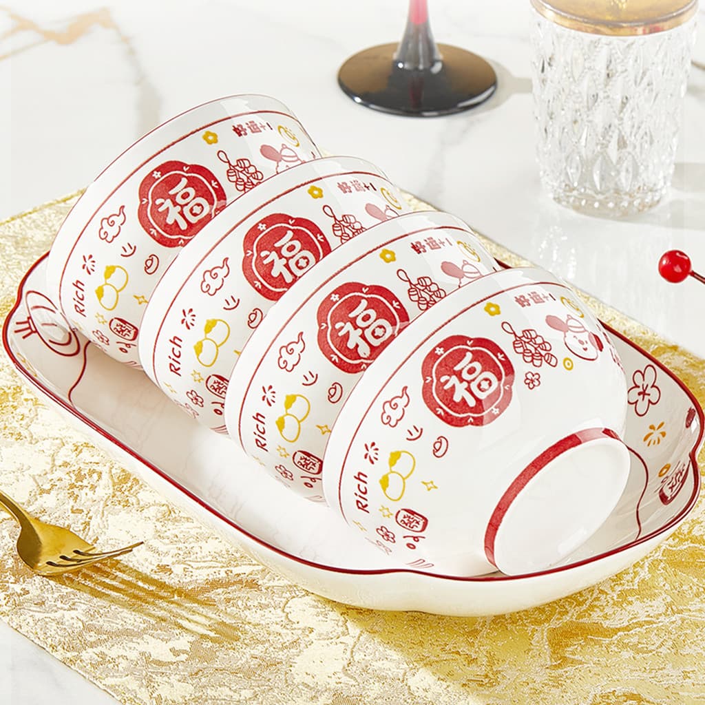 Tigelas de cerâmica pratos talheres único arroz tigelas casa novo estilo 2026 vermelho Fuzi Underglaze cor talheres gran