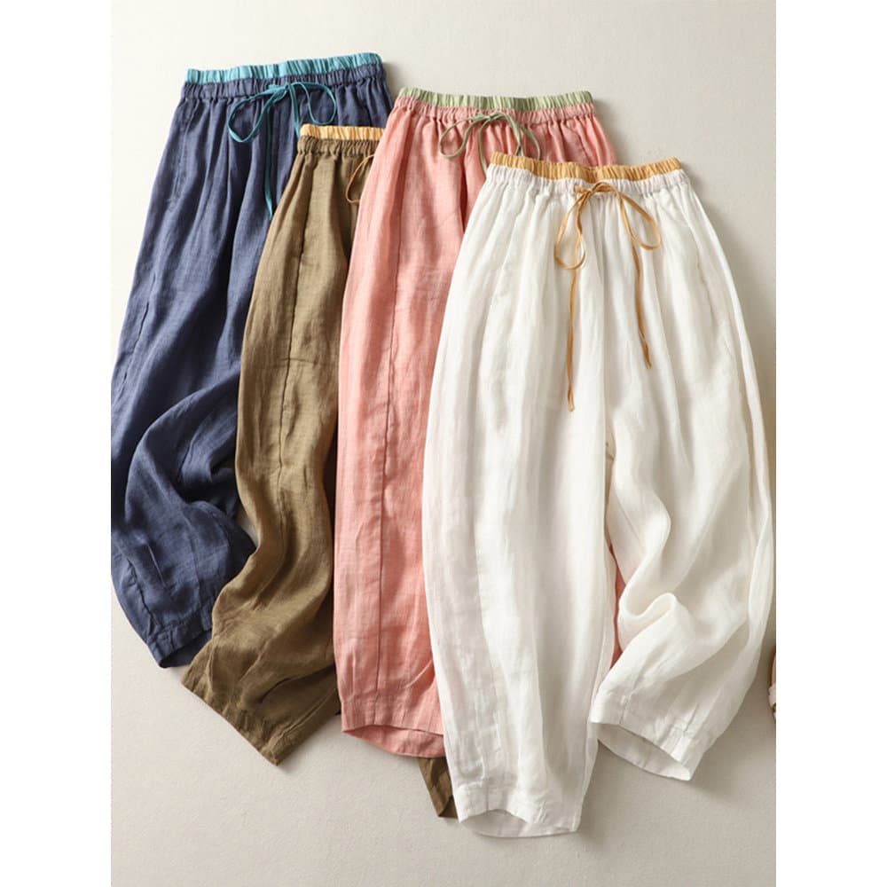 Calças cortadas verão estilo fino feminino verão 2025 novo estilo pequeno linho Tencel solto mais magro olhar algodão li
