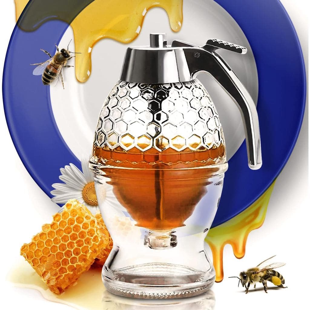 Dispensador de Mel CLEVLI - Vidro Anti-Gotejamento com Suporte - Pote de Mel - Recipiente de Mel de Vidro Transparente c