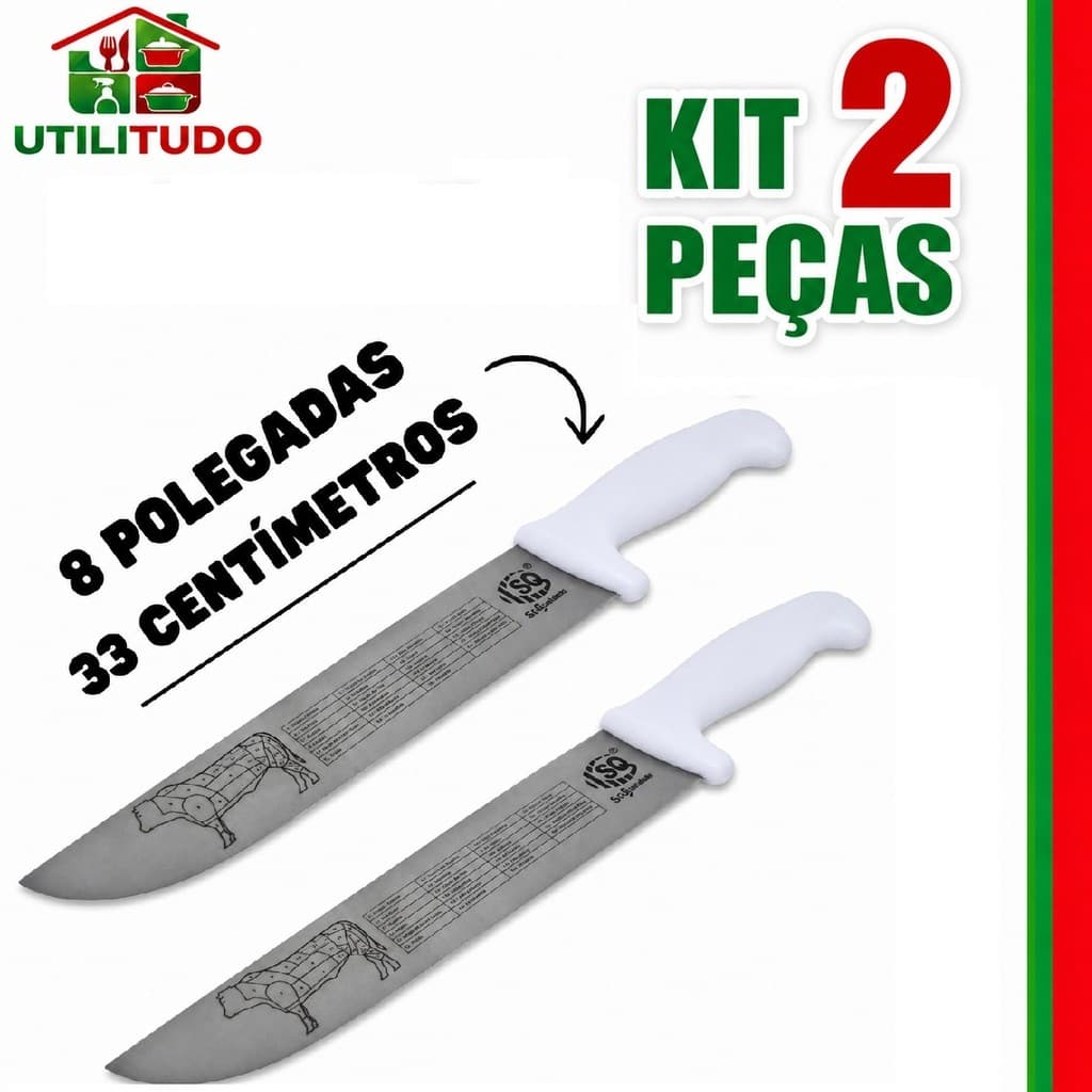 Faca de Carne Chef Aço Cabo Branco 8'' ou 10" Profissional pra Churrasco Entre as melhores facas de cozinha profissional