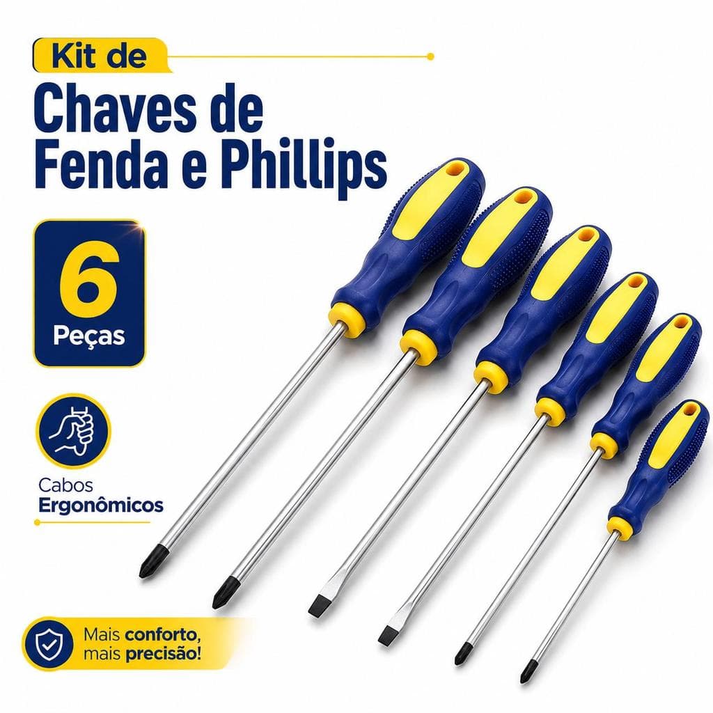 Kit 6 Chaves de Fenda e Phillips com Cabos Ergonômicos Antiderrapantes para Reparos Domésticos, Móveis e Manutenção