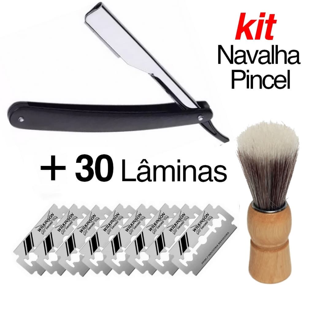 Kit Navalha + Pincel + Lâmina Profissional Barbeiro Aço Inox / Barba Navalhete