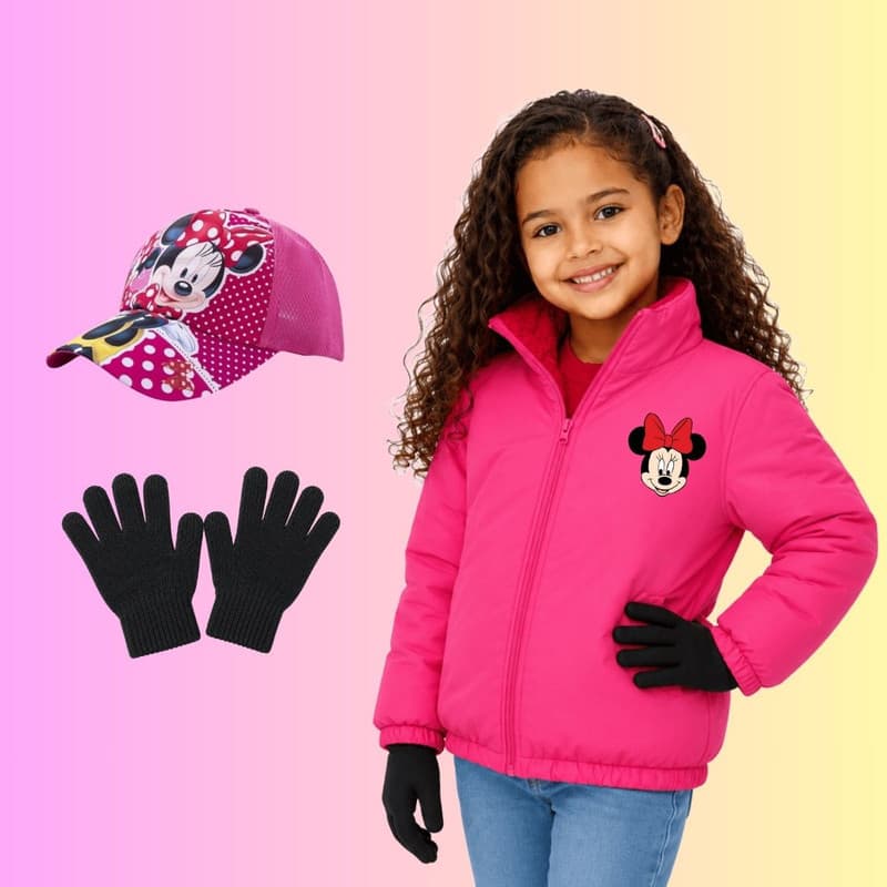 Jaqueta Infantil Quentinho Inverno Menina Luva Boné Escolha o Personagem - 3 itens