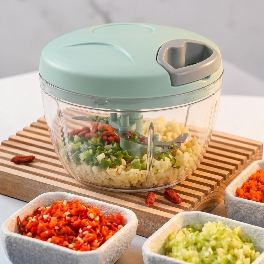 Mini Processador Manual 500ml Triturador Alimentos Cortador Cebola Alho 3 Lâminas Inox