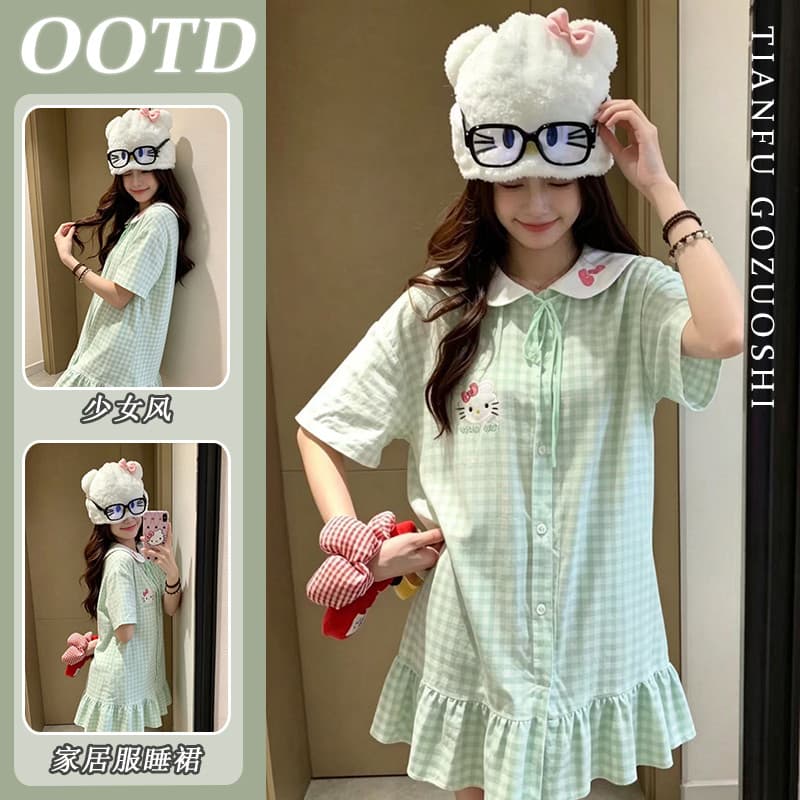 2026 Novo Algodão Gato Manga Curta Camisola Feminina Verão Loungewear