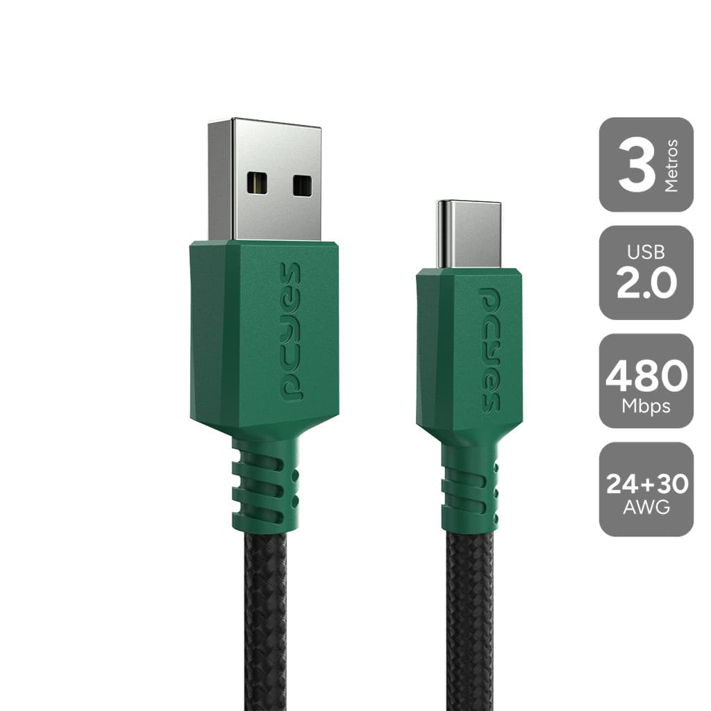 Cabo Para Carregamento Controle Xbox Celular Usb A 2.0  M Para Usb Tipo-c - Verde - 3 Mts - Nylon - Cbpy03vd