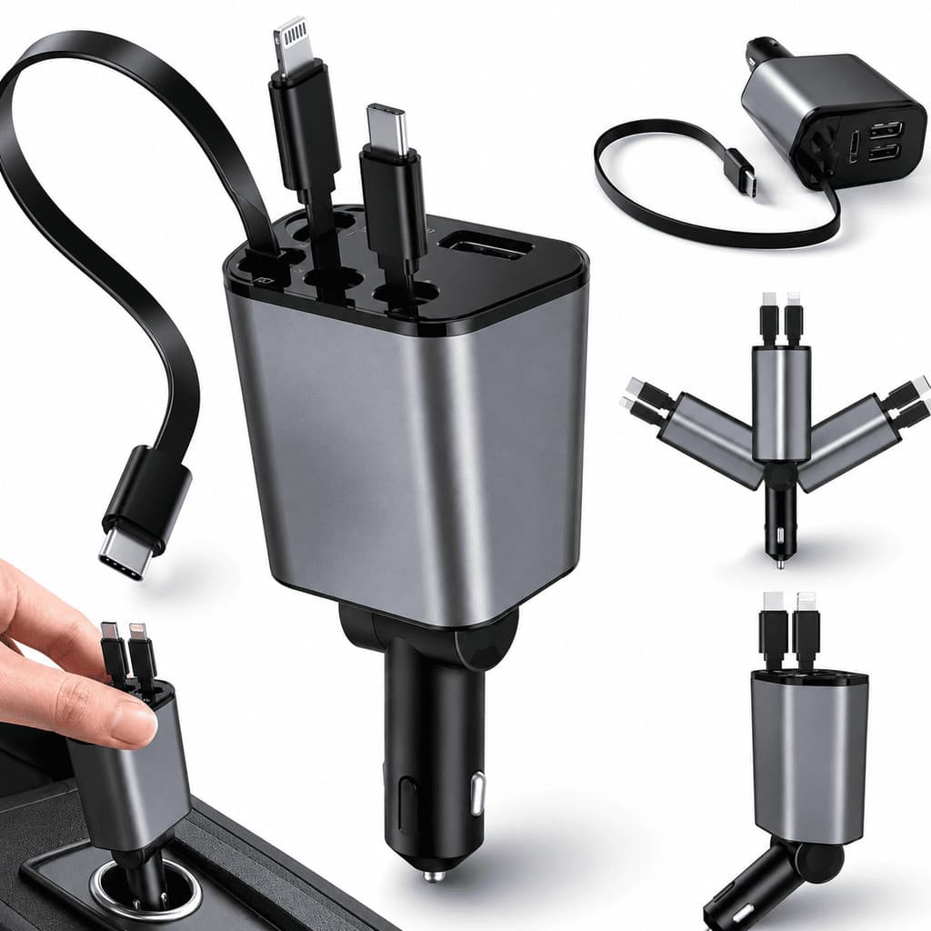 Carregador Veicular Retratil 4 Em 1 Fonte Turbo 120W Cabo Extensivel LED Premium Android iOS Tablet Pronta Entrega