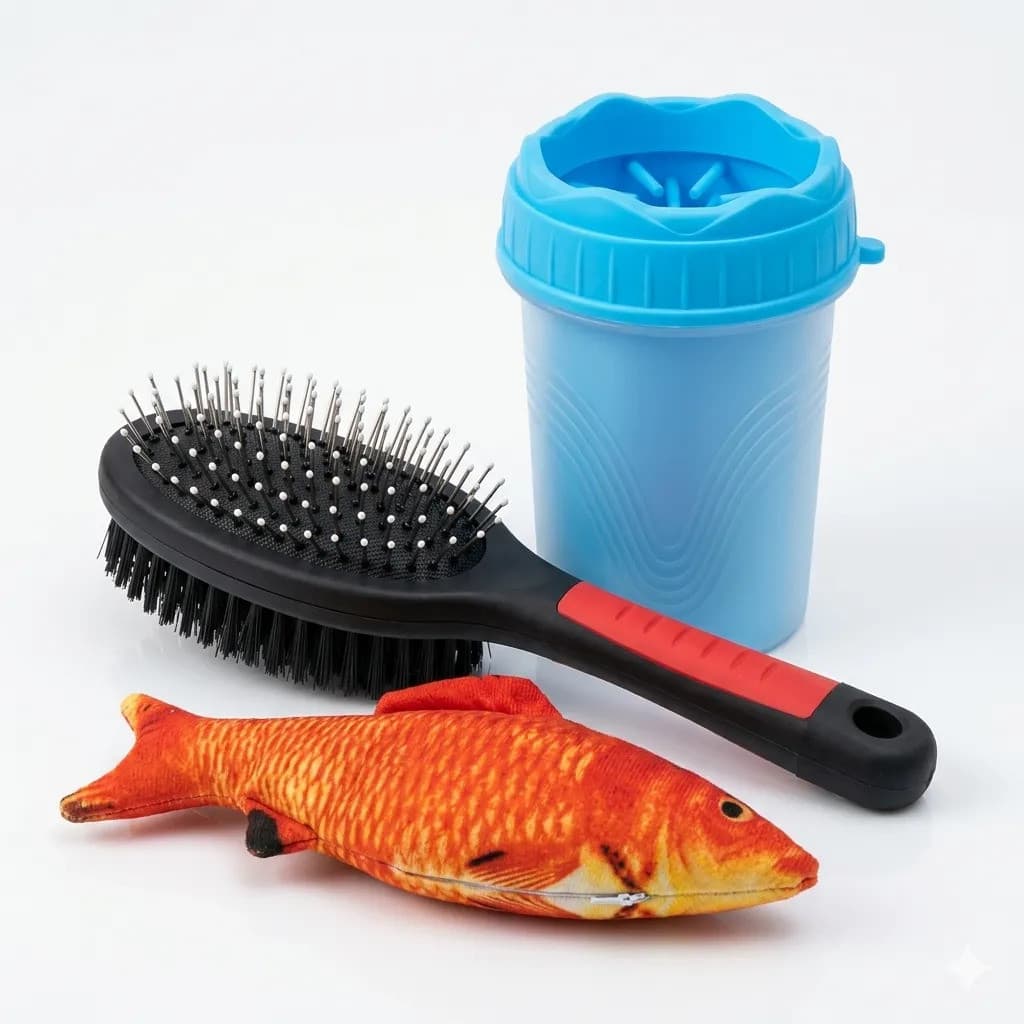Kit Higiene Pet Escova Tira Pelos Copo Limpa Patas 600ml Brinquedo Pelúcia escova para cachorro