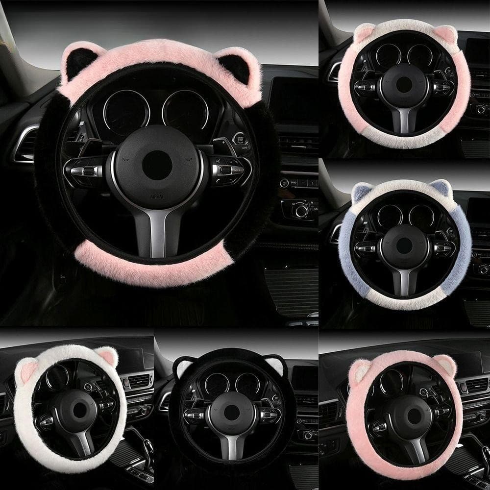 Capa de volante de pelúcia, macia e fofa, com design antiderrapante e decoração de orelhas de gato.