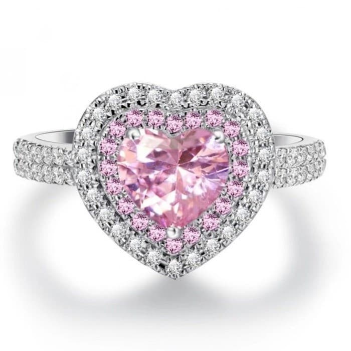 Novo anel em forma de coração rosa, banhado a platina, item de boutique feminino, totalmente incrustado com zircônia, di