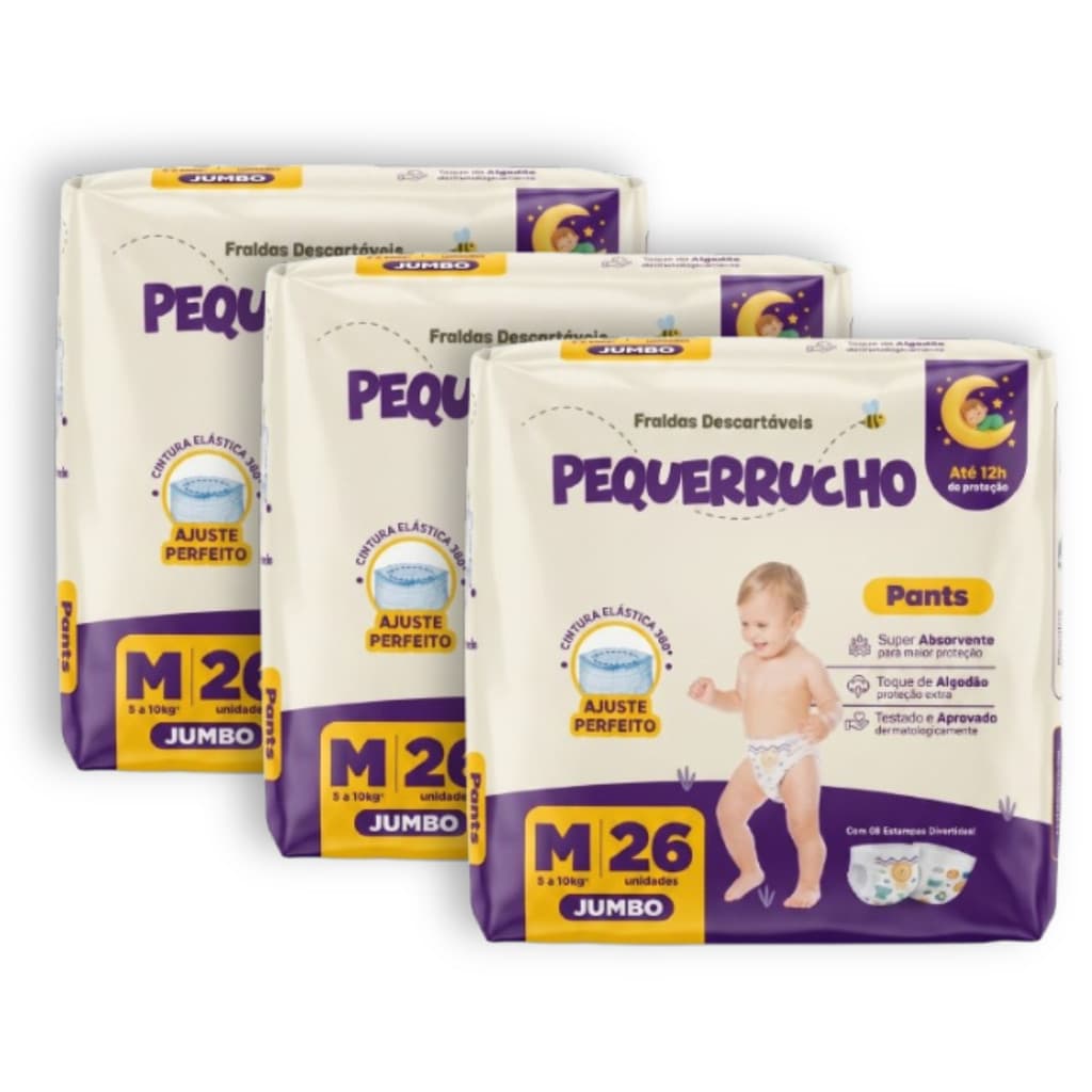 Kit 3 Fralda Descartável Pequerrucho Pants Toque Macio Hipoalergênico - Tamanho M - Total 78 Unidades