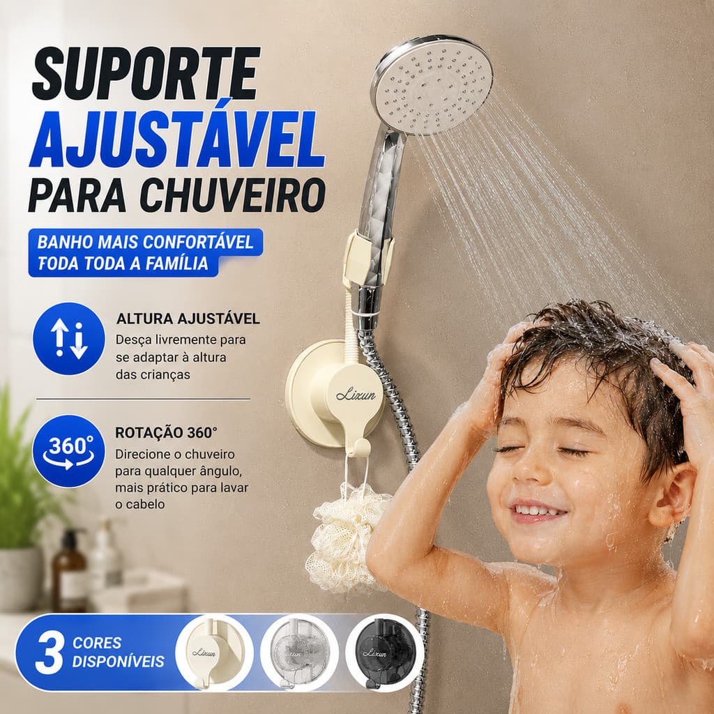 Suporte de chuveiro de parede sem furos com gancho design de ventosa direção ajustável interface universal limpo