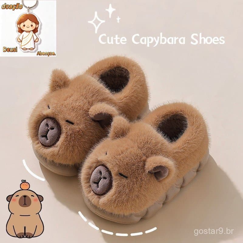 Pantufas de Algodão de Capivara Fofas para Crianças, Inverno, Interior, Antiderrapantes, Sapatos de Sola Macia para Meni