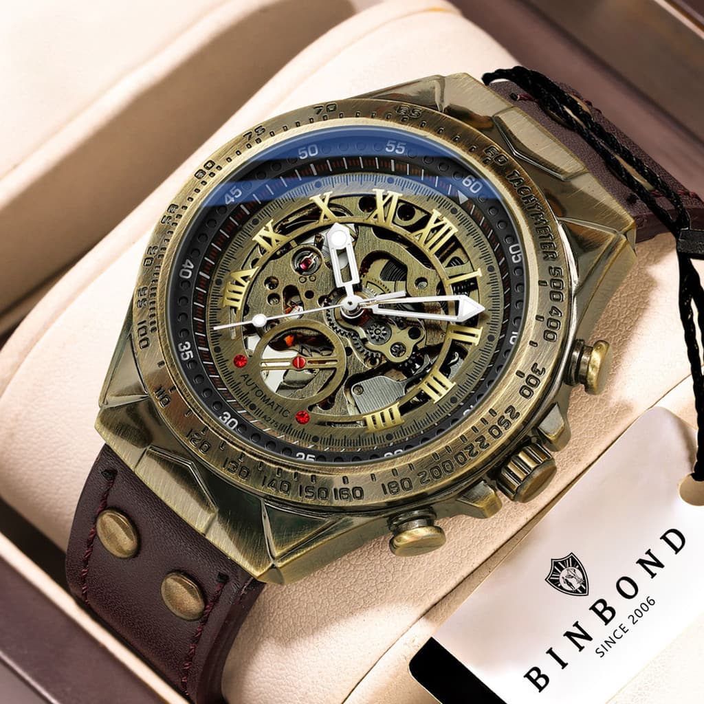 Comércio exterior Retro masculino moda Casual Bronze cor relógio mecânico automático